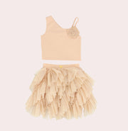 Angel's Face Gold One Shoulder Top and Gold Adva Skirt Set | HONEYPIEKIDS