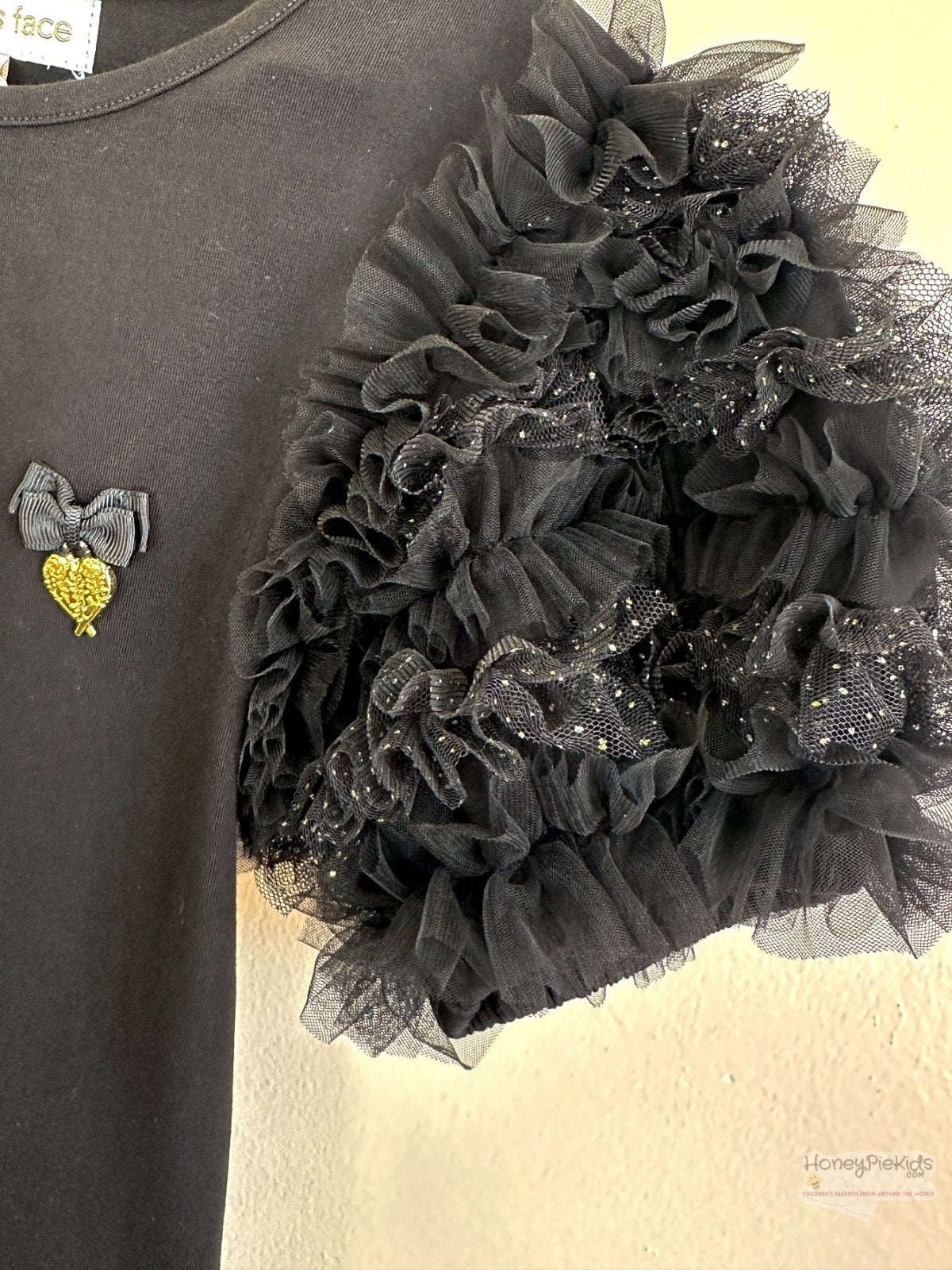 Angel's Face Jena Black and Gold Sparkle Puff Sleeve Top | HONEYPIEKIDS 