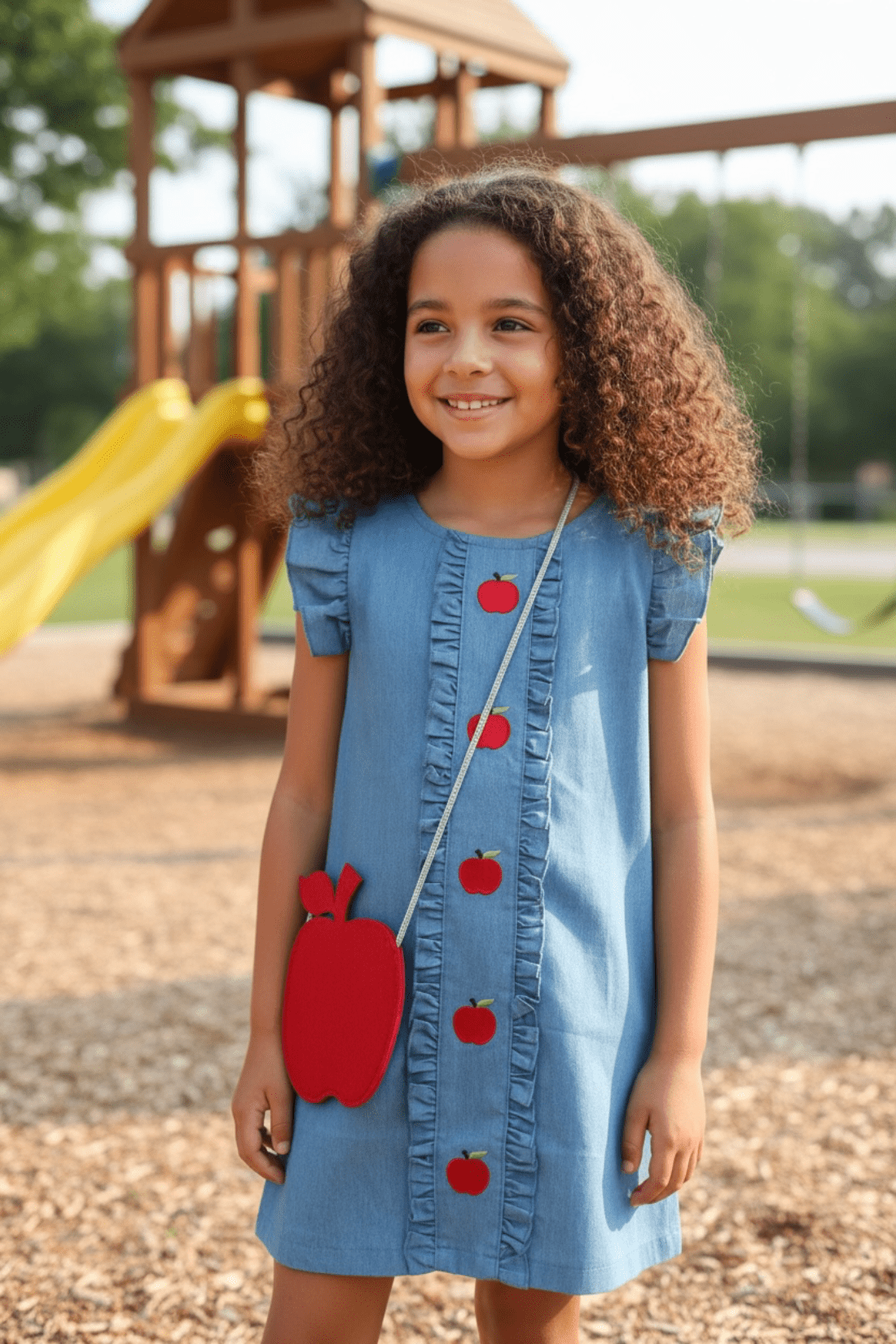 Apple of My Eye Denim Ruffle Dress With Apple Bag | HONEYPIEKIDS