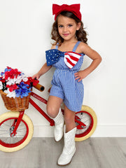 Mia Belle Girls • Wholesale - American Bow Gingham Romper: Blue / 10Y | HONEYPIEKIDS 