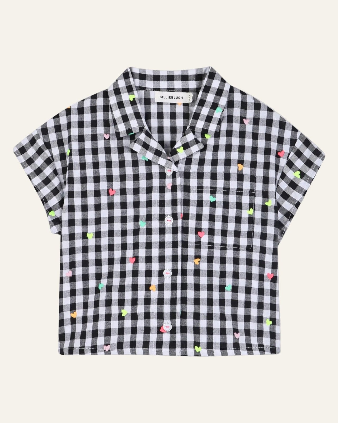 Billieblush Gingham Heart Embroidered SS Button Down Top | HONEYPIEKIDS