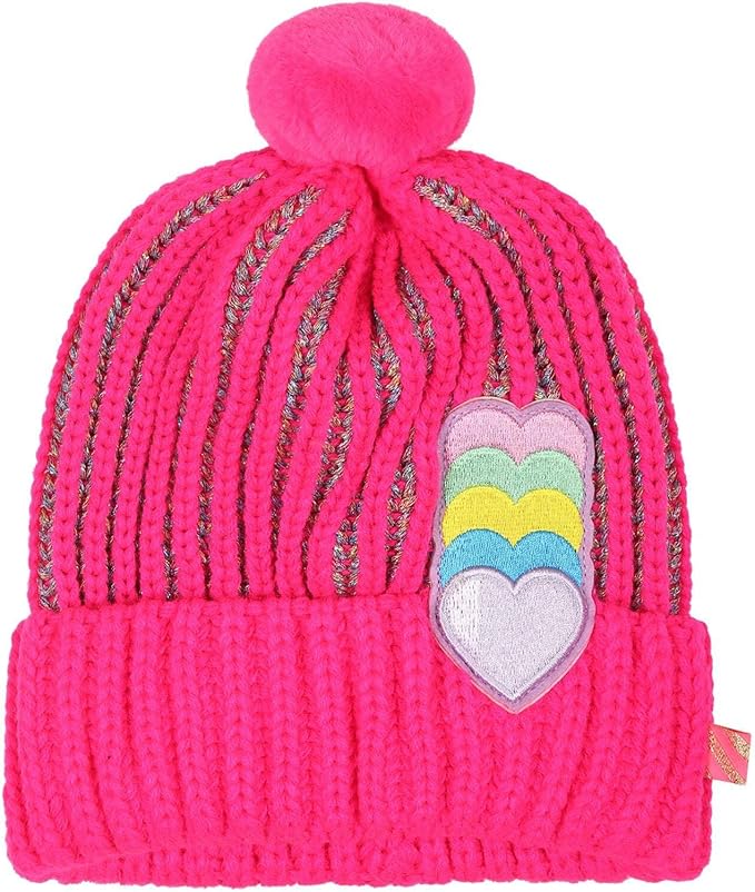 Billieblush Girls Hot Pink Hearts Winter Pom Hat