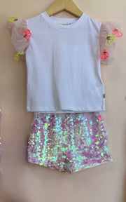 Billieblush Girls White Iridescent Sequin Shorts | HONEYPIEKIDS 