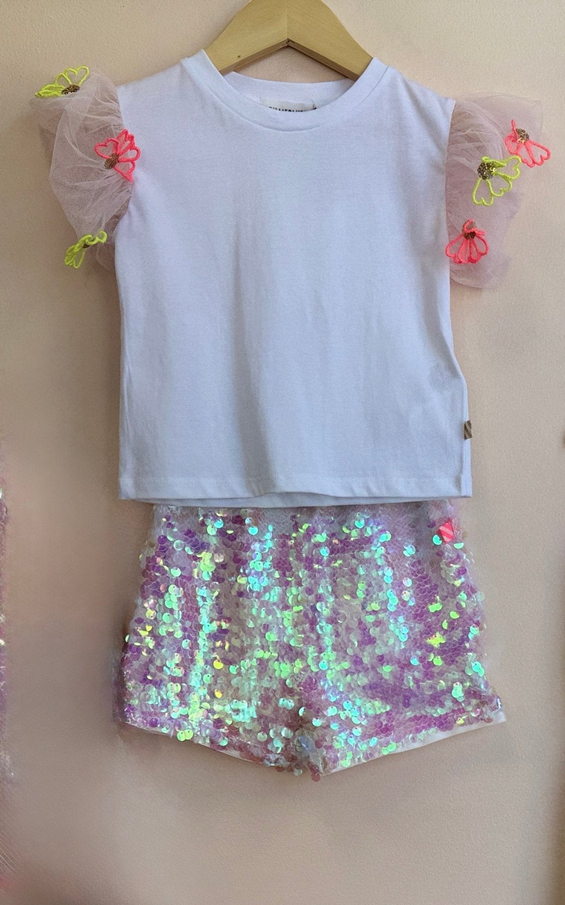 Billieblush Girls White Iridescent Sequin Shorts | HONEYPIEKIDS 