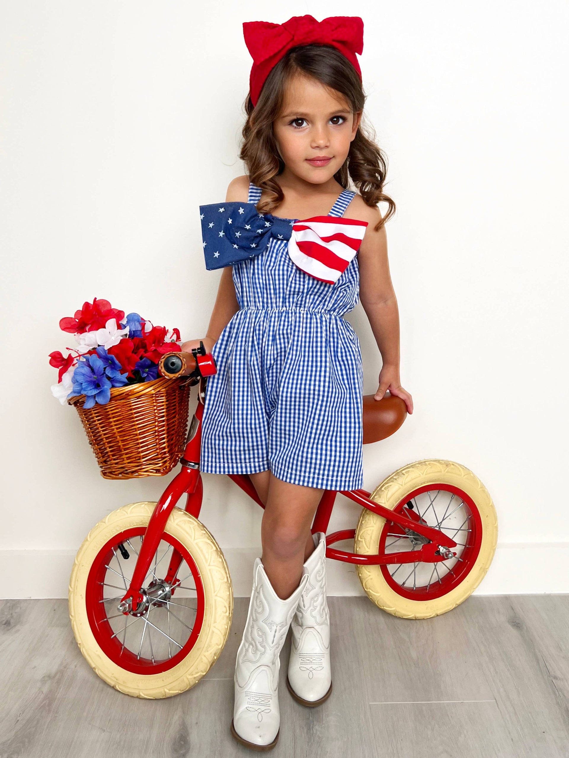 Mia Belle Girls • Wholesale - American Bow Gingham Romper: Blue / 10Y | HONEYPIEKIDS 