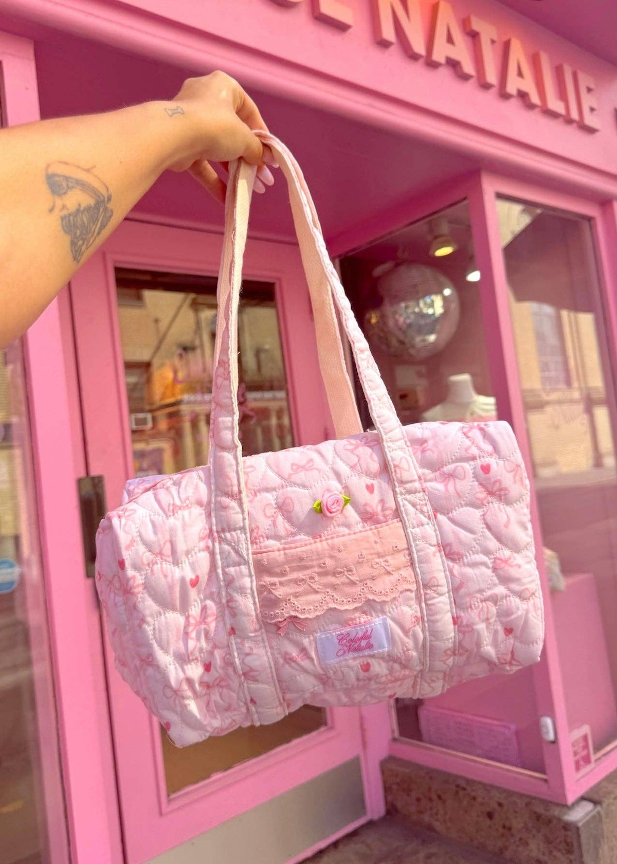 Colorful Natalie NYC - Pink Lace and Bows Pilates Bag