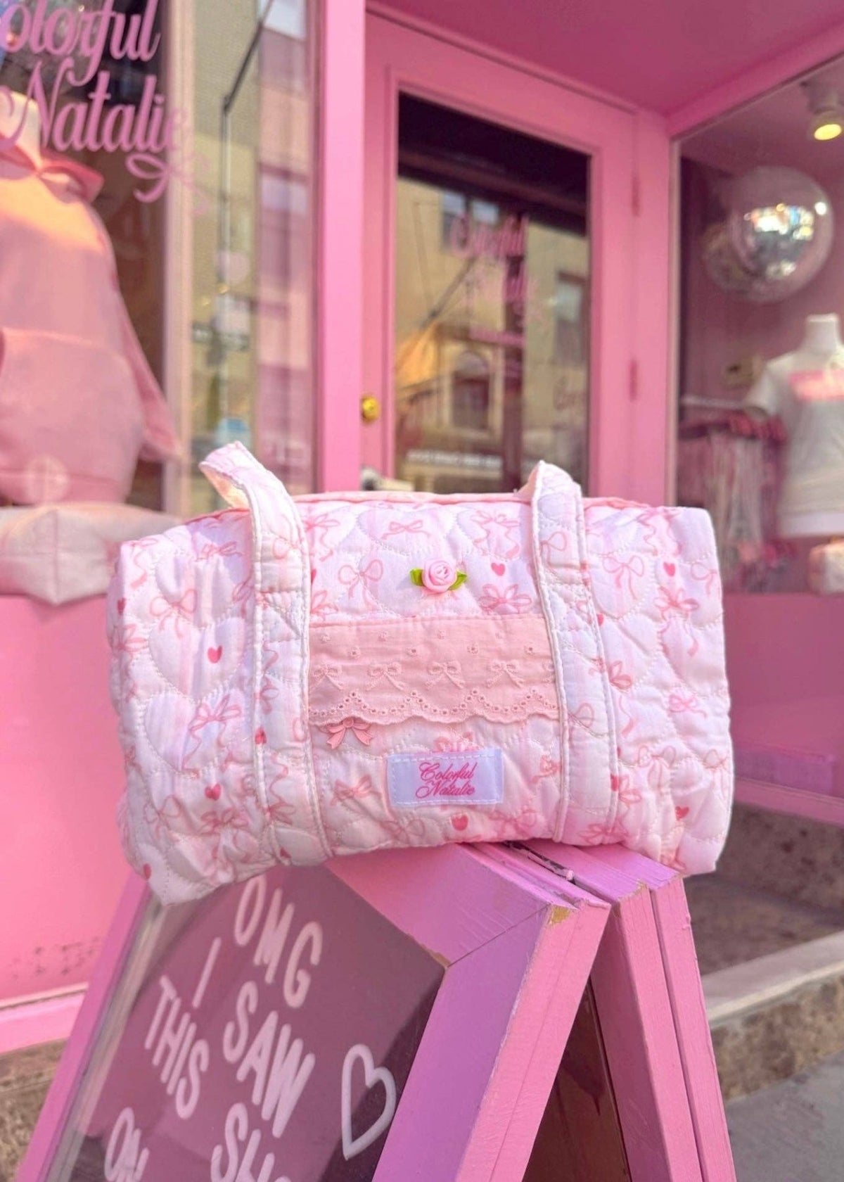 Colorful Natalie NYC - Pink Lace and Bows Pilates Bag