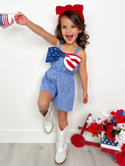 Mia Belle Girls • Wholesale - American Bow Gingham Romper: Blue / 10Y | HONEYPIEKIDS 