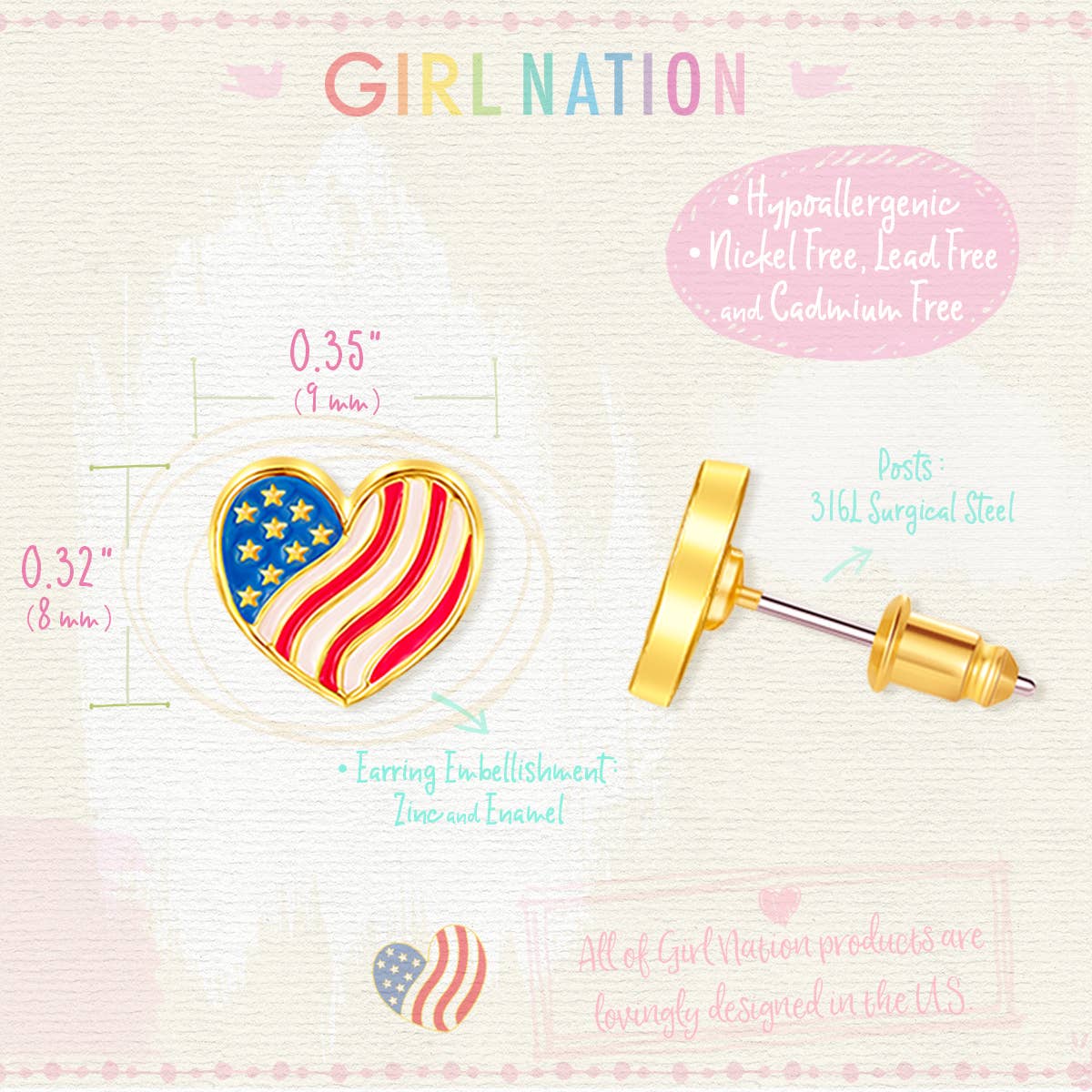 Girl Nation Heart the USA Stud Earrings | HONEYPIEKIDS