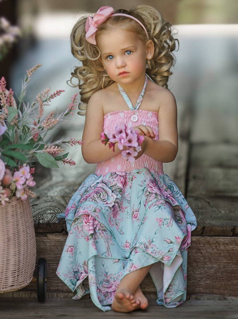 Girls Fancy Roses Smocked Handkerchief Dress | HONEYPIEKIDS 