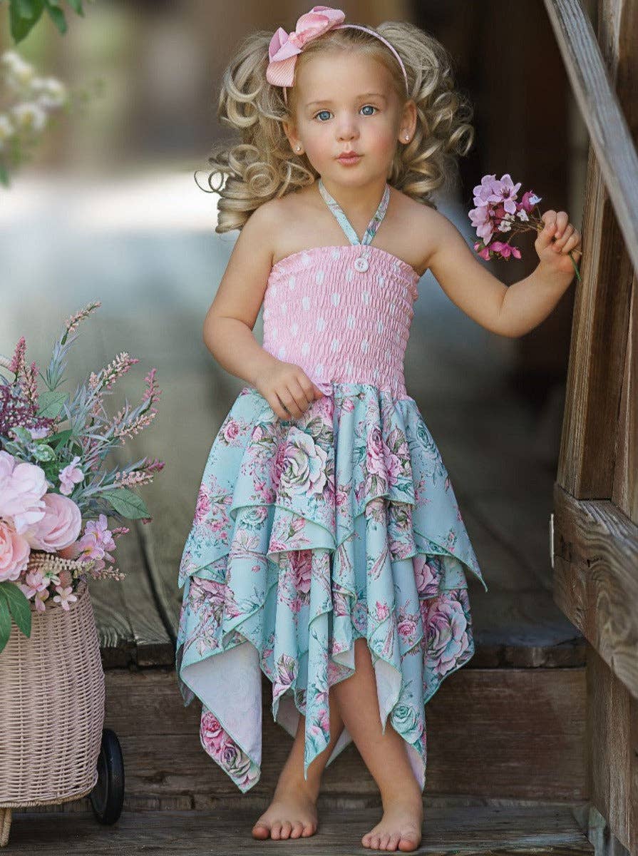 Girls Fancy Roses Smocked Handkerchief Dress | HONEYPIEKIDS 