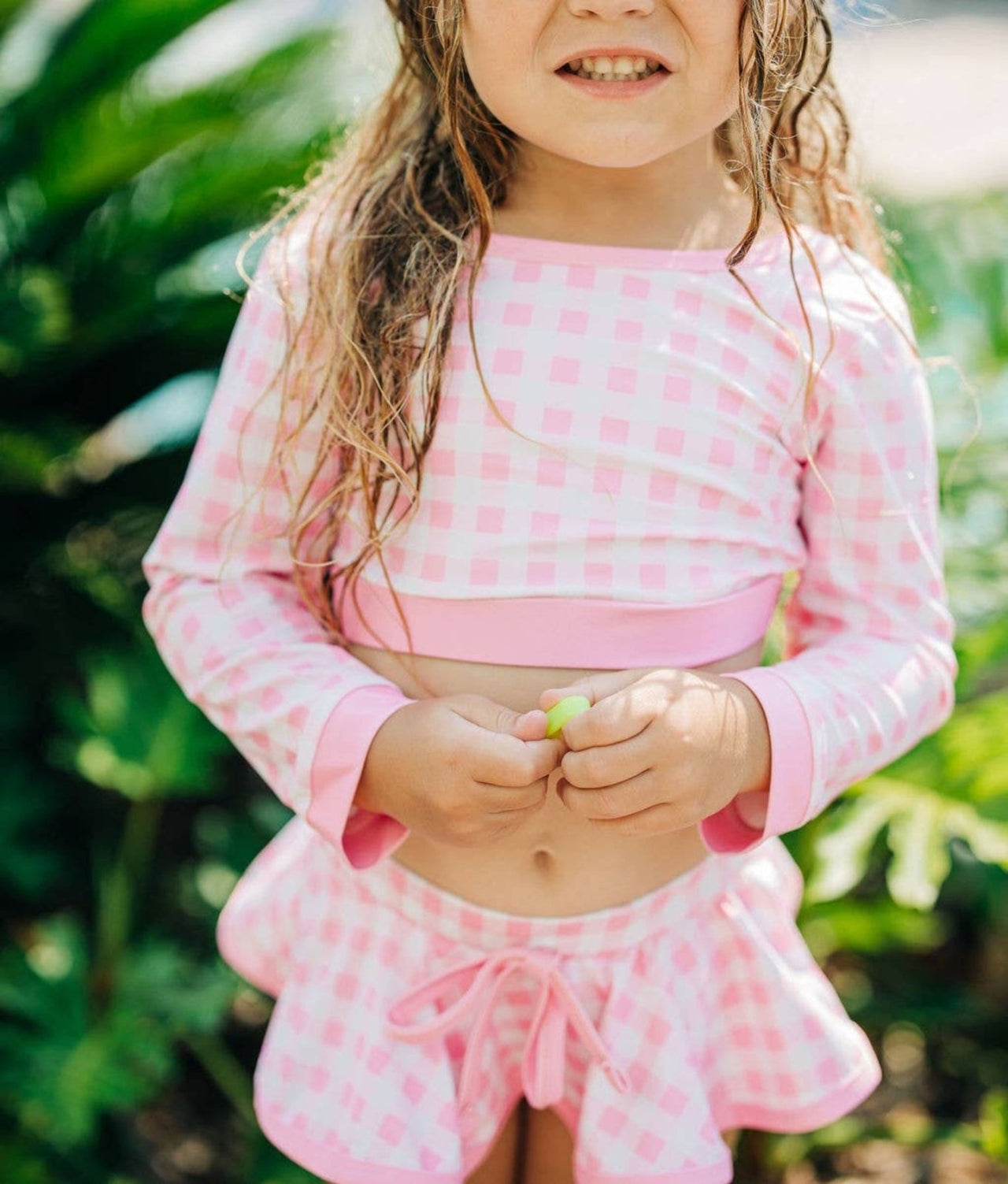Girls Long Sleeve Skirted Bikini Swimsuit in Pink Gingham | HONEYPIEKIDS 