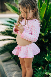 Girls Long Sleeve Skirted Bikini Swimsuit in Pink Gingham | HONEYPIEKIDS 