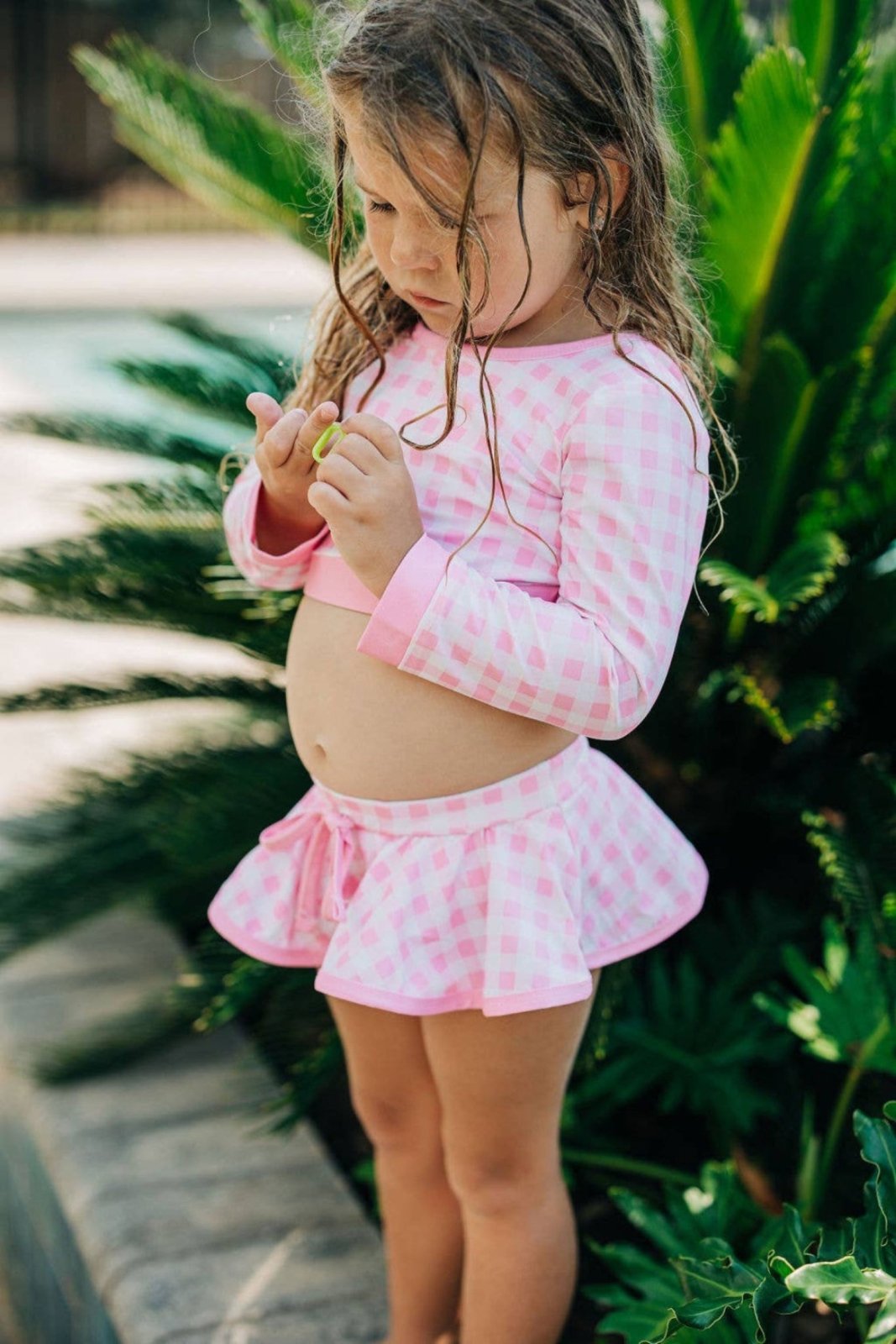 Girls Long Sleeve Skirted Bikini Swimsuit in Pink Gingham | HONEYPIEKIDS 