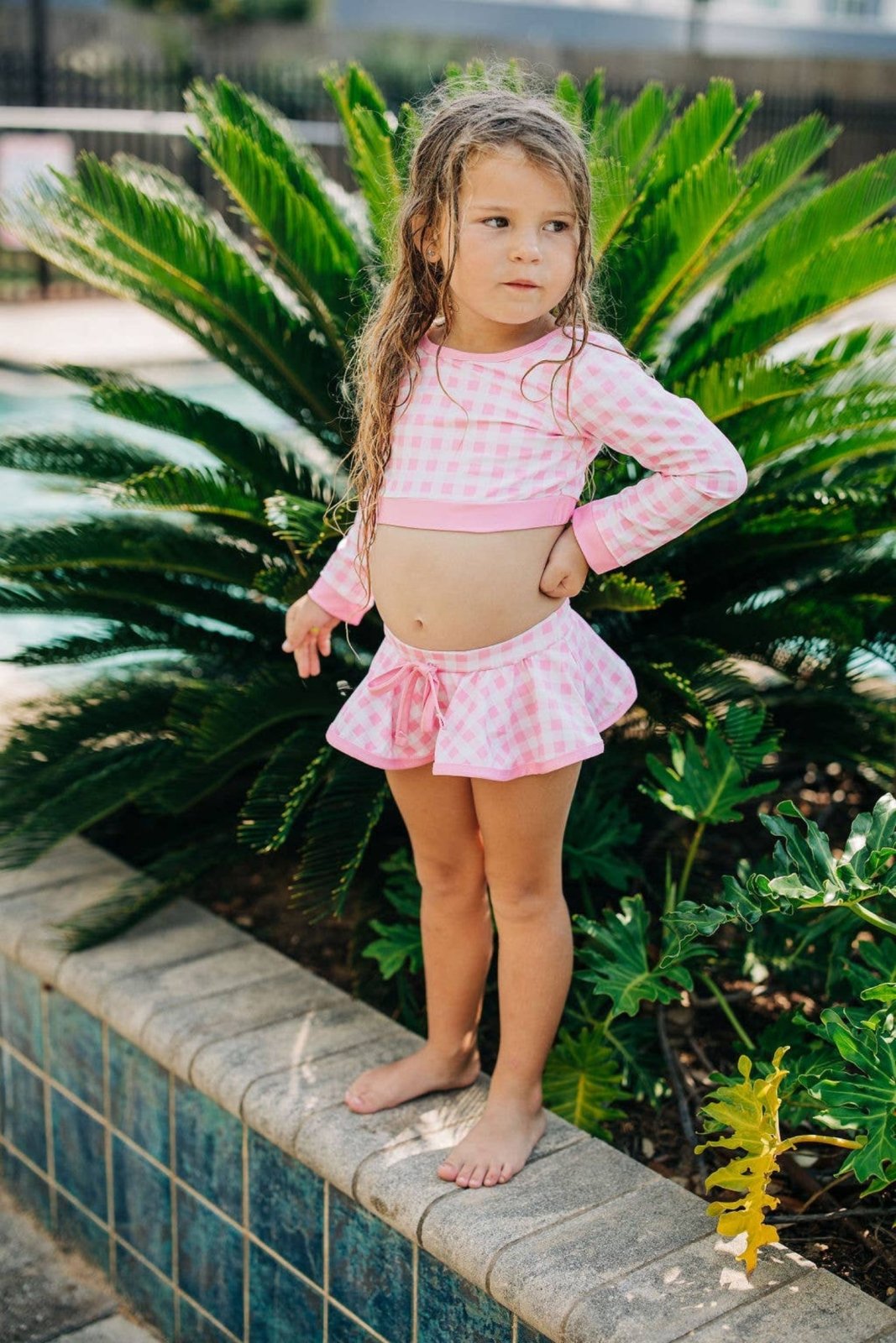 Girls Long Sleeve Skirted Bikini Swimsuit in Pink Gingham | HONEYPIEKIDS 