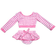 Girls Long Sleeve Skirted Bikini Swimsuit in Pink Gingham | HONEYPIEKIDS 