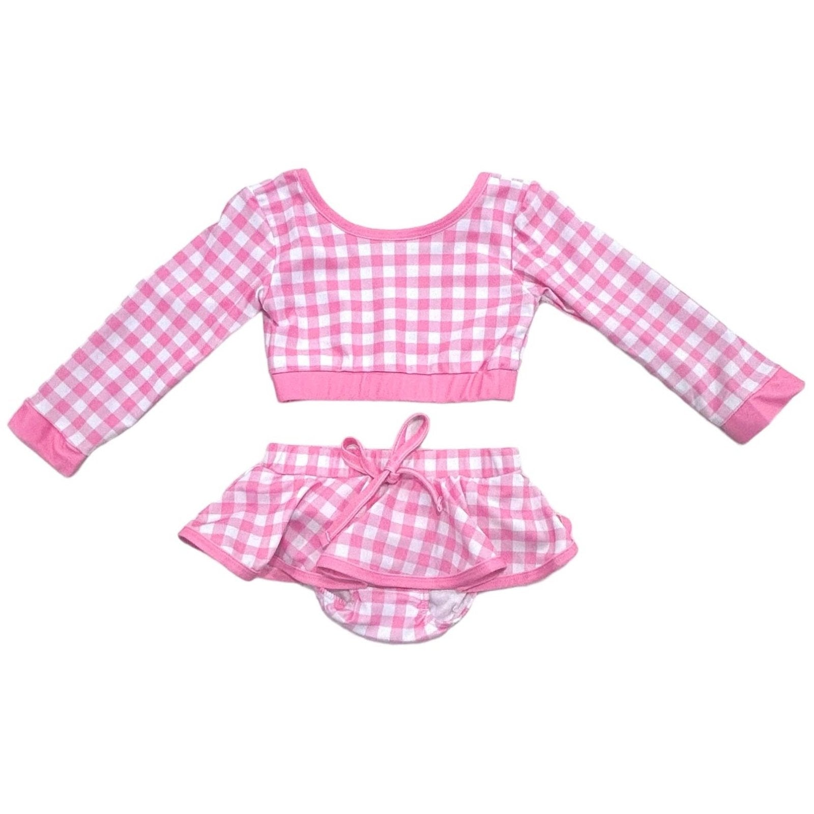 Girls Long Sleeve Skirted Bikini Swimsuit in Pink Gingham | HONEYPIEKIDS 