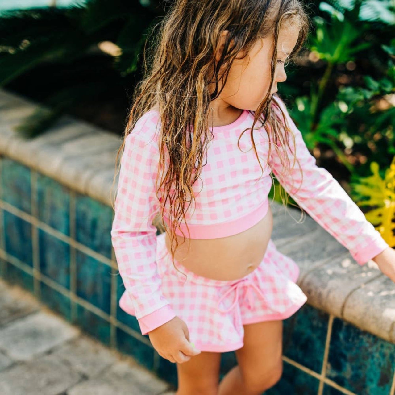 Girls Long Sleeve Skirted Bikini Swimsuit in Pink Gingham | HONEYPIEKIDS 
