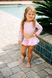 Girls Long Sleeve Skirted Bikini Swimsuit in Pink Gingham | HONEYPIEKIDS 