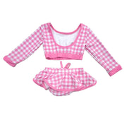 Girls Long Sleeve Skirted Bikini Swimsuit in Pink Gingham | HONEYPIEKIDS 