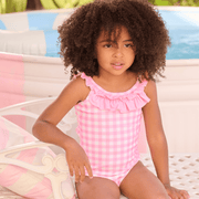 Girls One Piece Swimsuit in Pink Gingham with Bow Back | HONEYPIEKIDS 