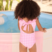 Girls One Piece Swimsuit in Pink Gingham with Bow Back | HONEYPIEKIDS 
