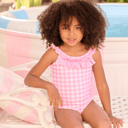 Girls One Piece Swimsuit in Pink Gingham with Bow Back | HONEYPIEKIDS 