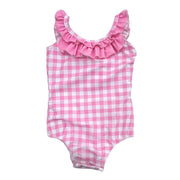 Girls One Piece Swimsuit in Pink Gingham with Bow Back | HONEYPIEKIDS 