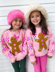 Girls Pink Gingerbread Patched Holiday Crewneck | HONEYPIEKIDS.COM