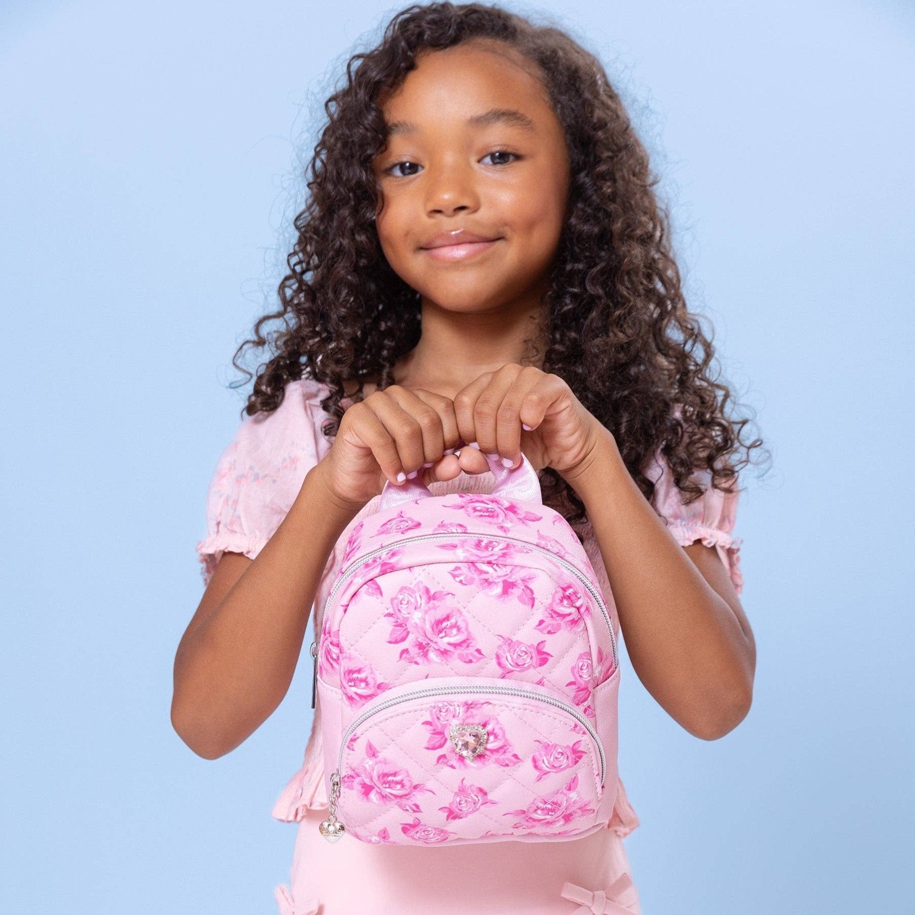 Girls Quilted Rose Print Micro Mini Backpack - Blue or Pink | HONEYPIEKIDS 