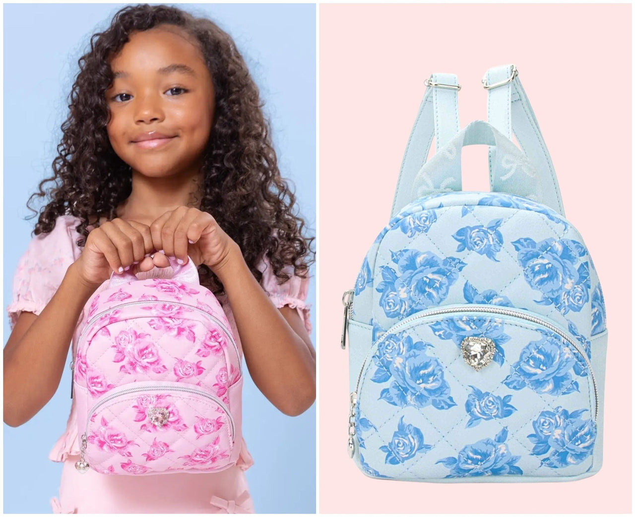 Girls Quilted Rose Print Micro Mini Backpack - Blue or Pink | HONEYPIEKIDS 