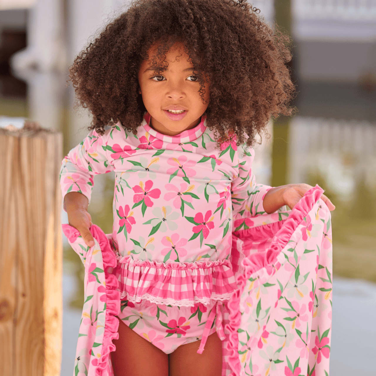 Girls Rashguard Tankini Two Piece Swimsuit - Pink Hibiscus | HONEYPIEKIDS 