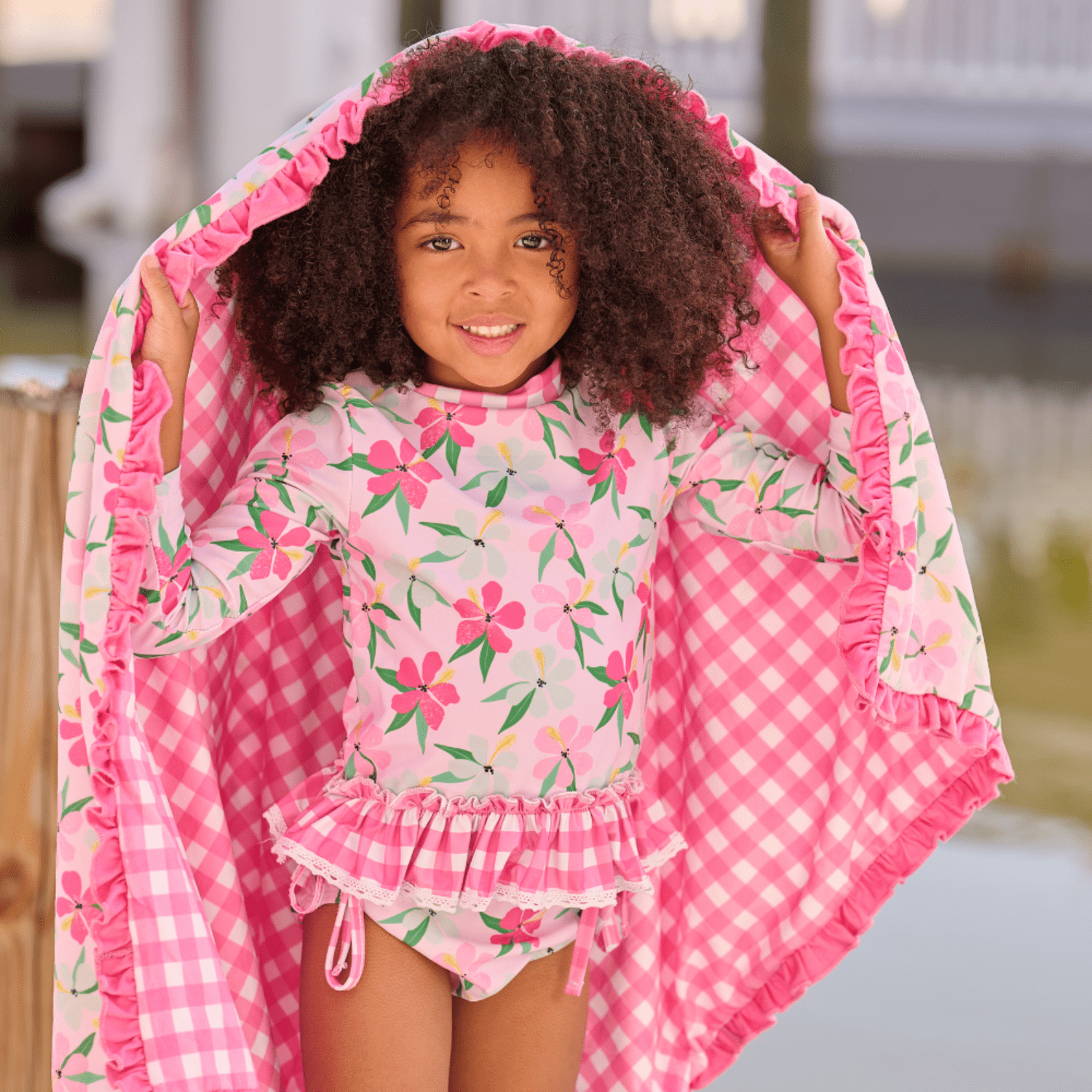 Girls Rashguard Tankini Two Piece Swimsuit - Pink Hibiscus | HONEYPIEKIDS 