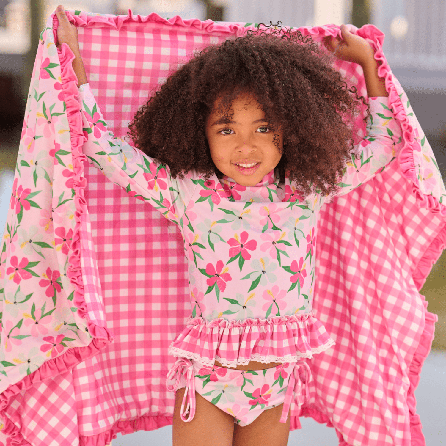 Girls Rashguard Tankini Two Piece Swimsuit - Pink Hibiscus | HONEYPIEKIDS 