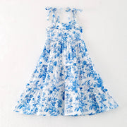 Summer Blue Floral Milk Silk Girls Dress | HONEYPIEKIDS
