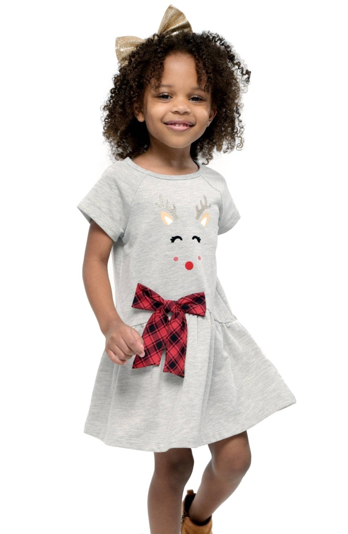Hannah Banana Reindeer Face and Red Plaid Bow Holiday Dress | HONEYPIEKIDS 