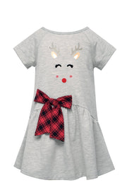 Hannah Banana Reindeer Face and Red Plaid Bow Holiday Dress | HONEYPIEKIDS 