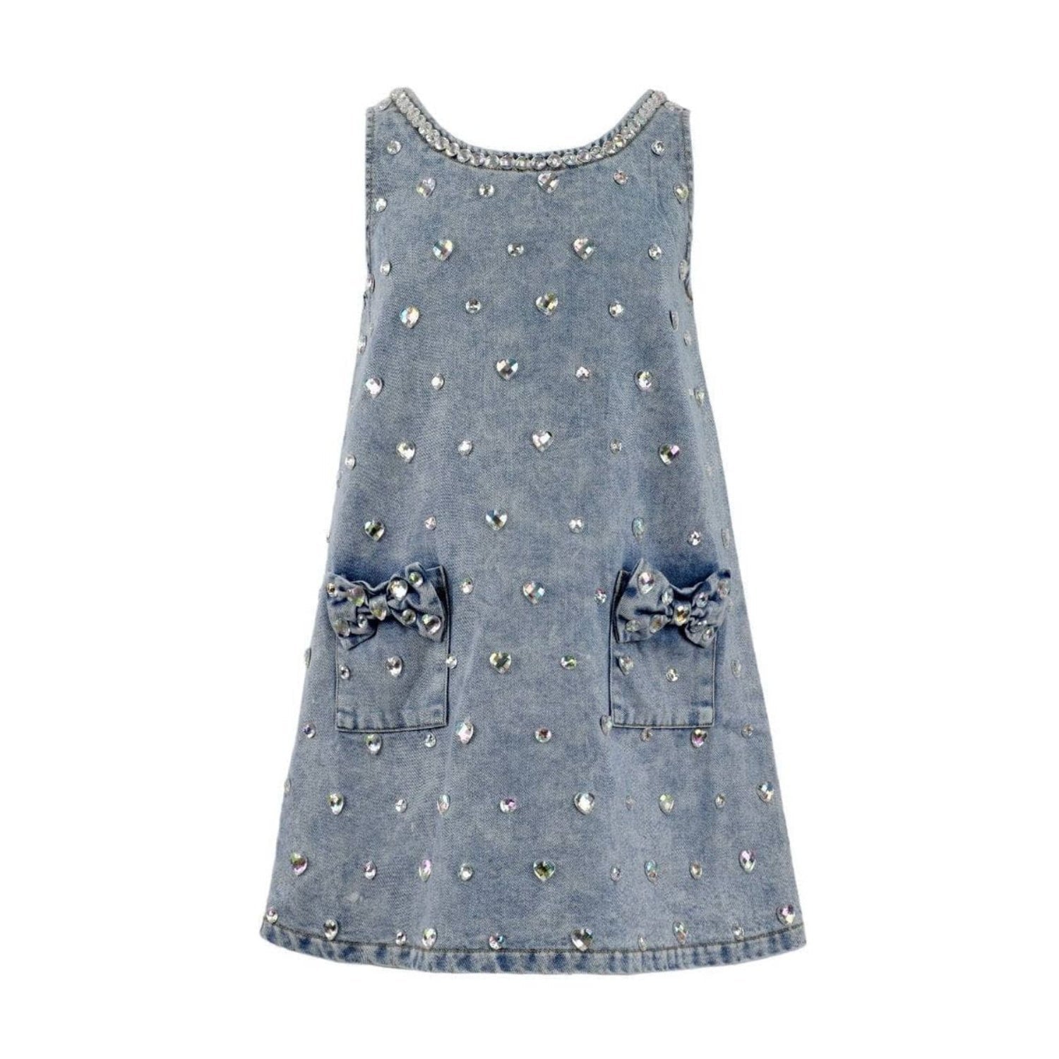 Lola and The Boys Crystal Heart Denim Bow Dress | HONEYPIEKIDS 