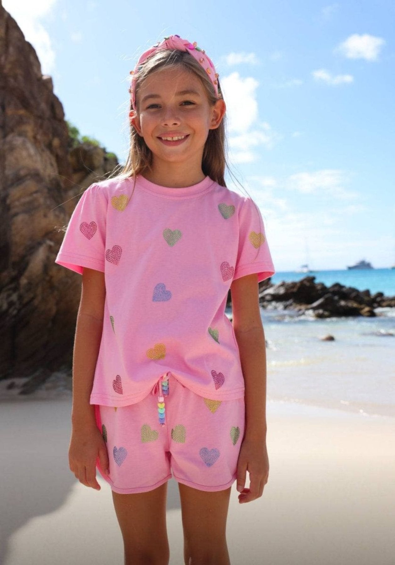 Lola and The Boys Girls Crystal Hearts Shorts Set - PINK | HONEYPIEKIDS 
