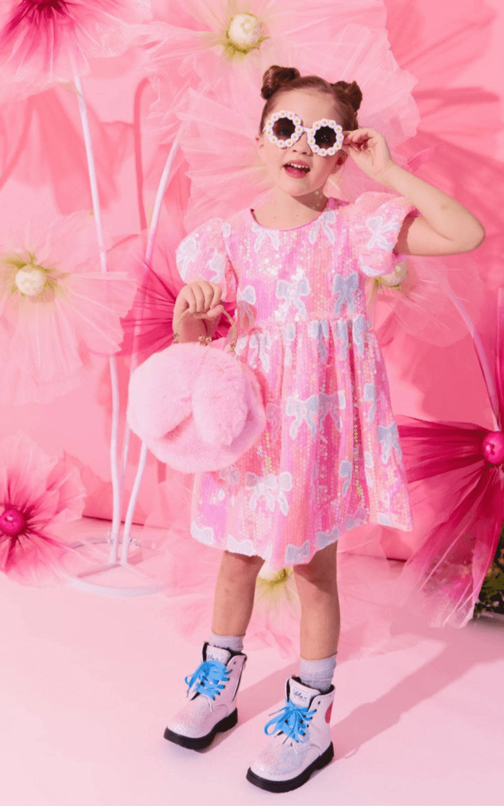 Lola and The Boys Pink and Blue Bow Sequin Dress | HONEYPIEKIDS 