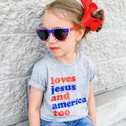 LOVES JESUS AND AMERICA TOO Kids 4th Of July Tee | HONEYPIEKIDS 