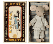 Maileg Big Brother Mouse in Matchbox — front view of the mouse in printed pajamas
