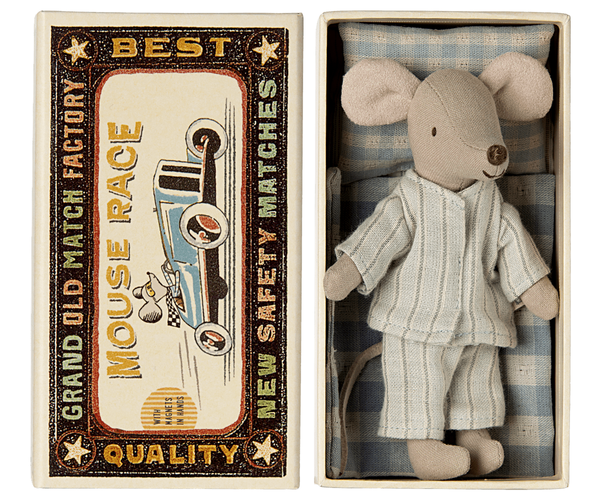 Maileg Big Brother Mouse in Matchbox — front view of the mouse in printed pajamas