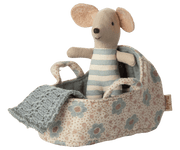 Maileg Carry Cot, Baby Mouse - Blue — in use