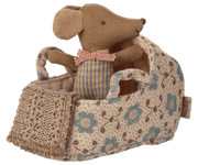 Maileg Carry Cot, Baby Mouse - Rose — in use