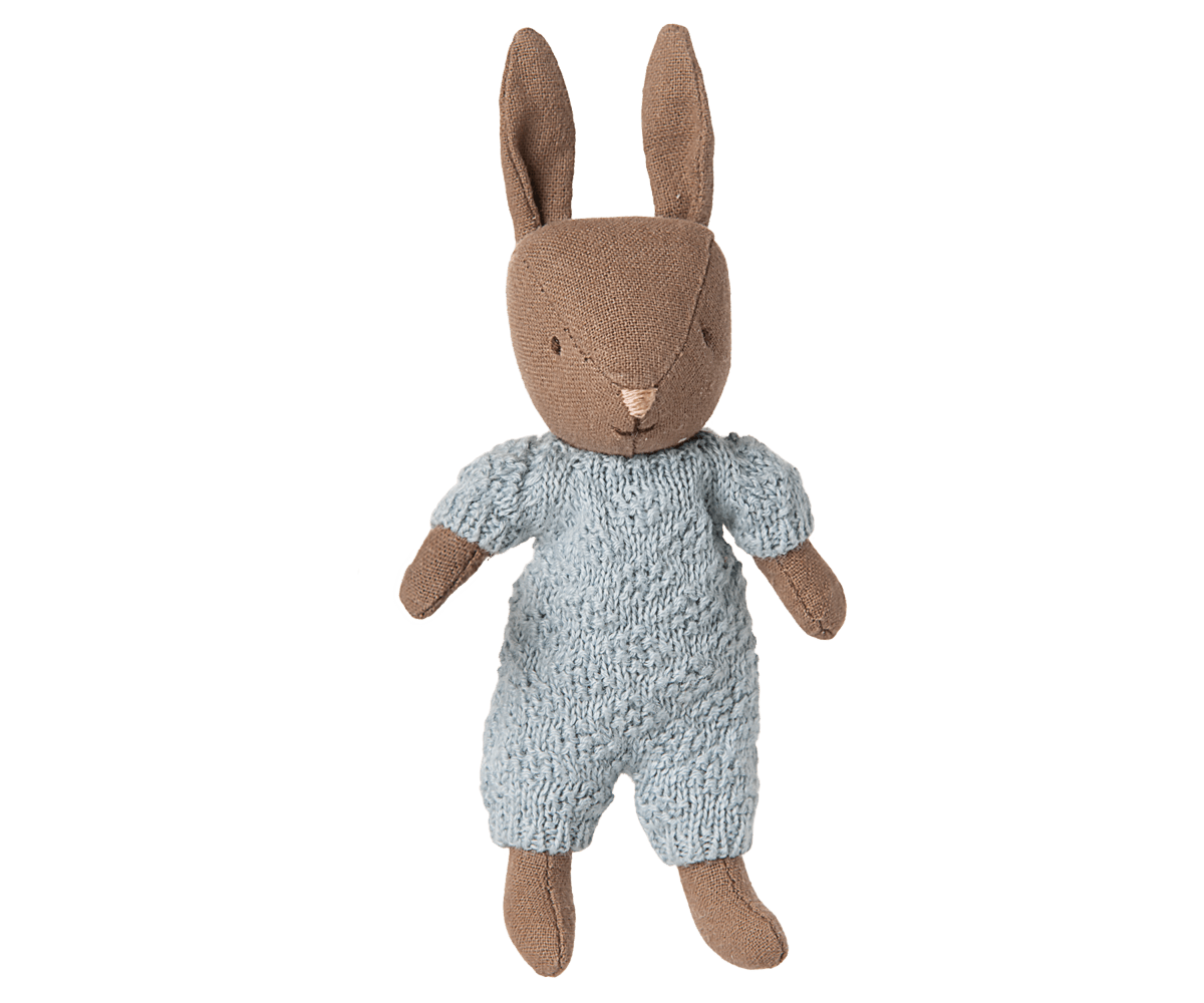 Maileg Rabbit, Micro - Brown - Blue Knitted Suit — main view