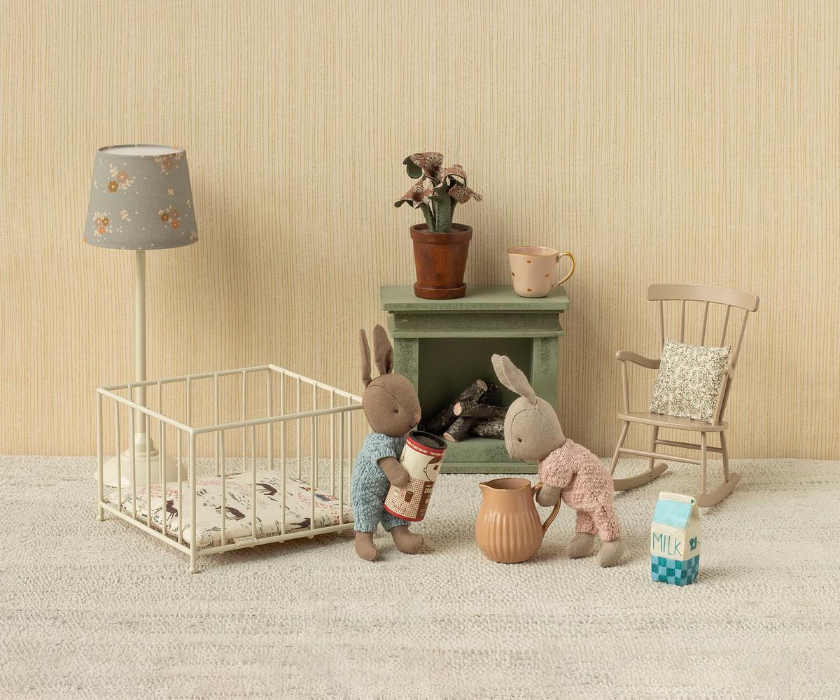 Maileg Rabbit, Micro - Sand - Rose Knitted Suit — in use