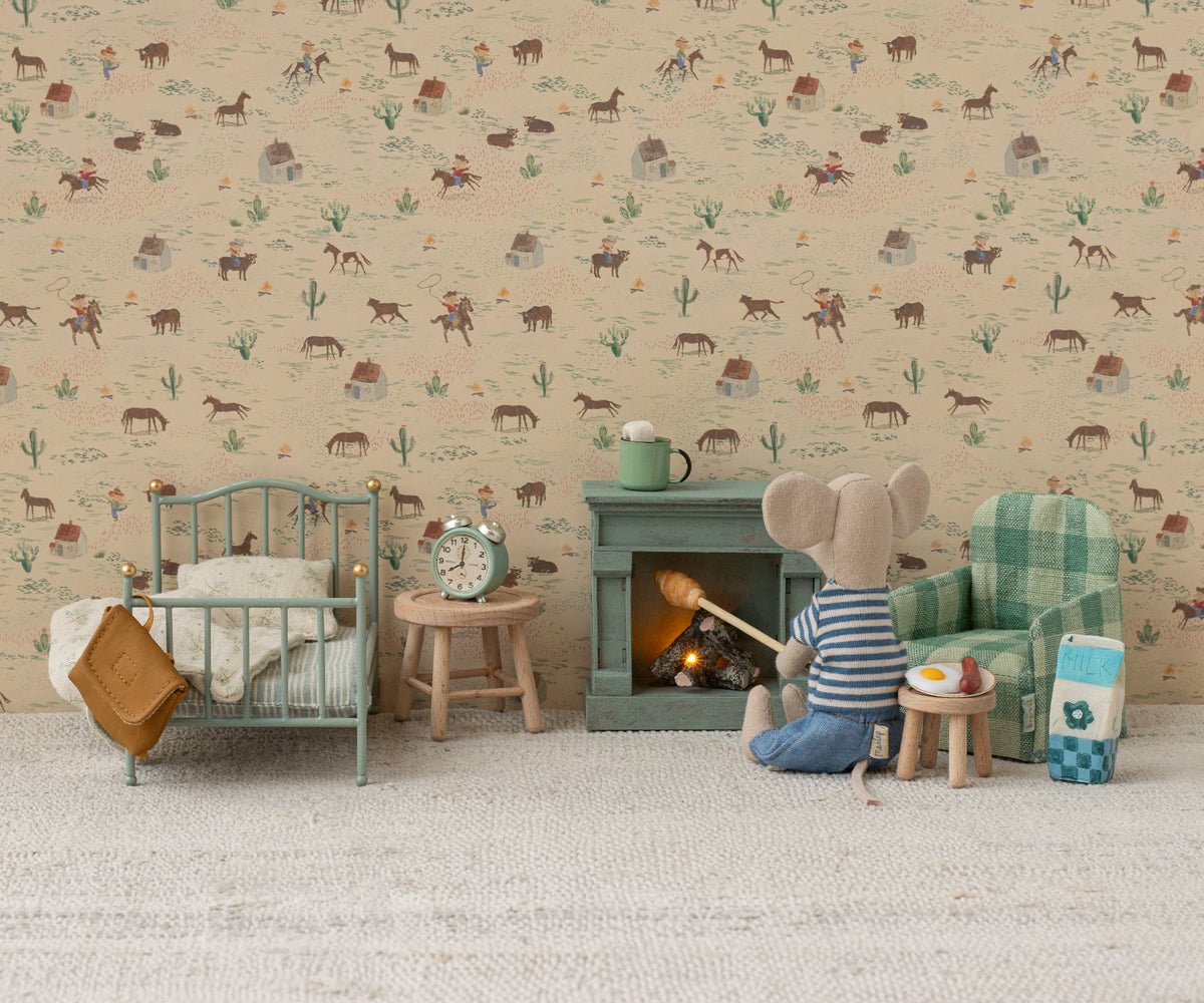 Maileg Vintage Single Bed, Mouse - Mint — in use