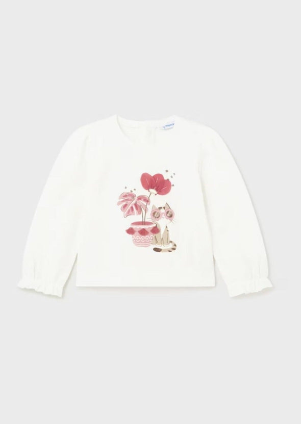 Mayoral Baby and Toddler Girls Long Sleeve Flower Kitten Shirt | HONEYPIEKIDS