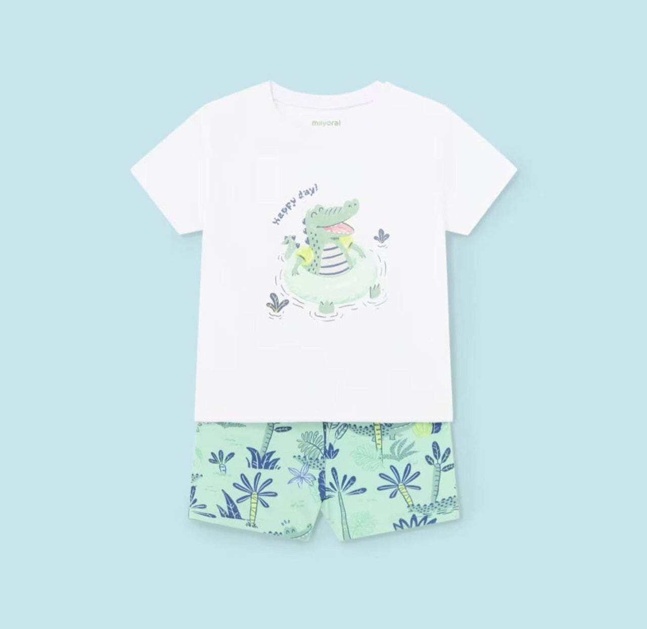 Mayoral Baby & Toddler Boys Aqua Happy Alligator Swim Trunks & T-Shirt Set | HONEYPIEKIDS 